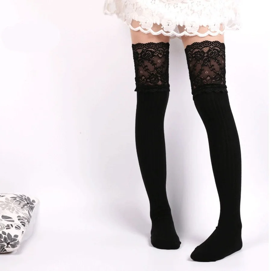 Womens Lace Stockings Warm Winter Ladies Girls Black White Long Thigh High Socks Over Above Knee Knitting cotton Socks 2025 New