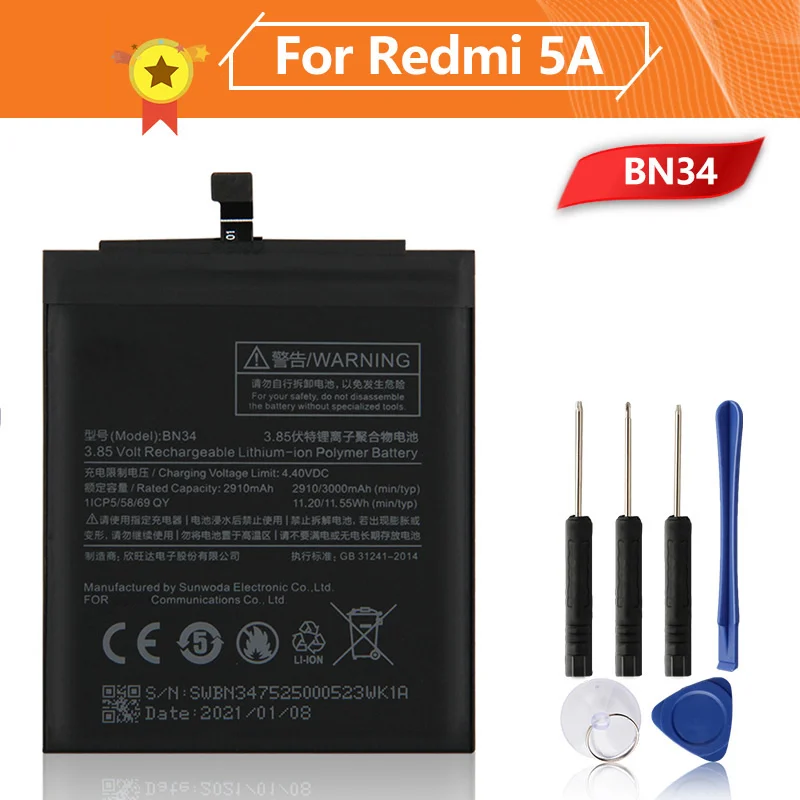 

BN34 Phone Battery For Xiao mi Redmi 5A Redrice 5A 3000mAh BN34 Replacement Battery + Tool