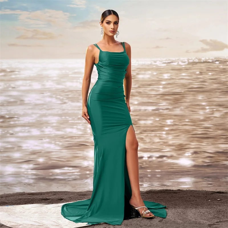 Robe de bal à Double bretelles pour femmes, fente haute, col carré, jupe de soirée fendue haute, nouvelle mode, robe de soirée de Club verte 2025