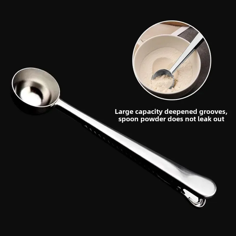 2-in-1 Kitchen Portable Gadget Milk Powder Measuring Spoon with Closure Clip，Stainless Steel Coffee Measuring Spoon with Clip