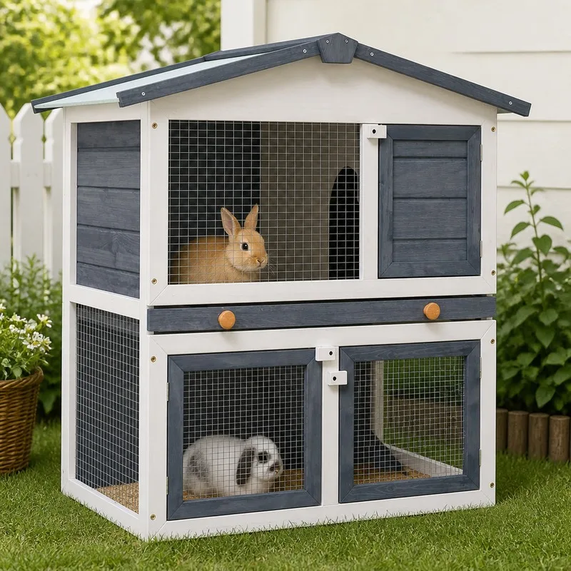 Cage à lapins à 3 portes en bois gris, facile à nettoyer, qualité supérieure, marché américain