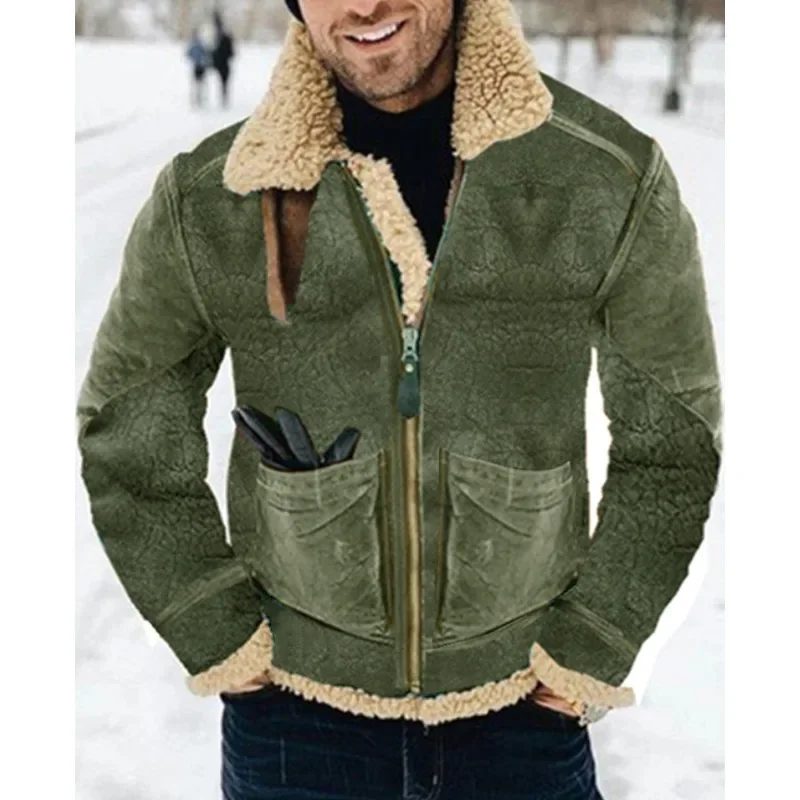 Men\'s Pocket Plush Warm Coat Autumn Winter New Leather and Fur Coat Men\'s Fashion Long Sleeve Zipper Turn-down Collar Coat
