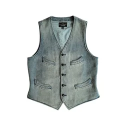 Men's Washed Blue Sashiko Vest V-neck 4-Pockets Elegant Style Vintage Waistcoat