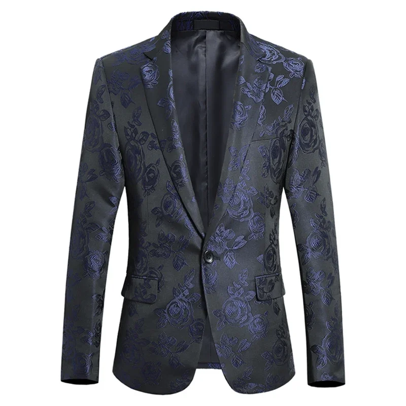 

Floral Allover Rose Jacquard Men Casual Blazers Single Button Notched Lapel Suit Jacket Korean Style Black Coat