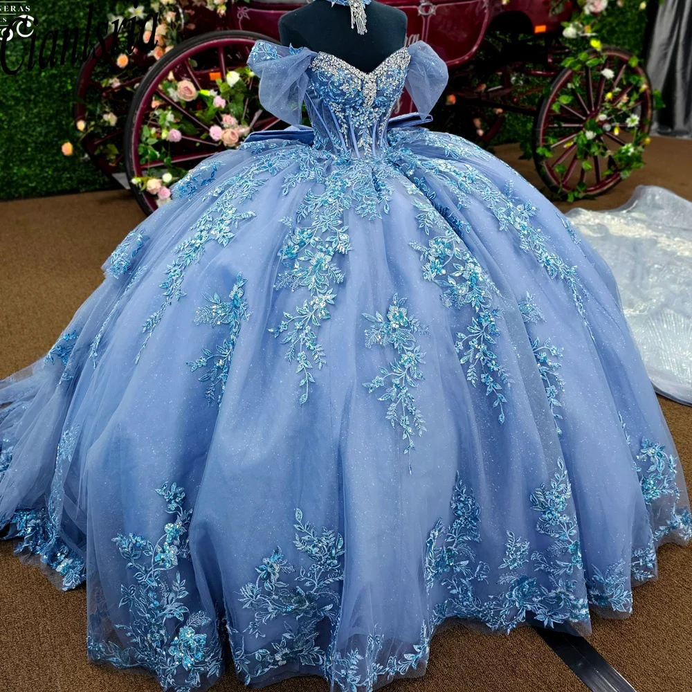 

Блестящее бальное платье принцессы для Quinceañera, нарядные платья на 16-летие с индивидуальной аппликацией и кружевом, с открытыми плечами, Vestidos De 15 Años