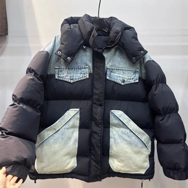 ANJY Winter New Women's European Fashion Street Hooded Padded Coat Personalized Patchwork Denim Large Pockets Down Jacket A15169