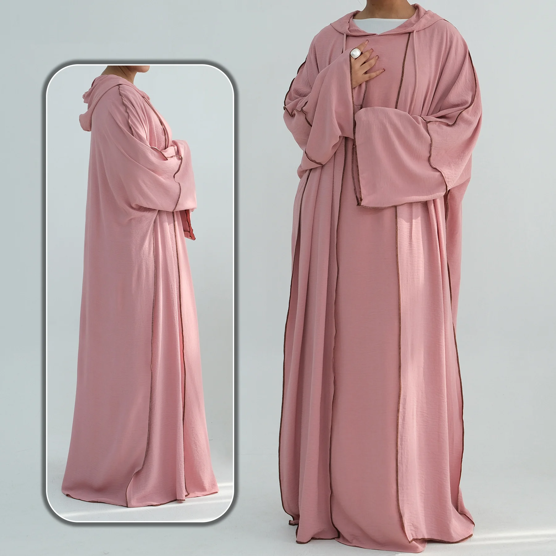 Contrast Topstitching Extra-Loose-Fit Batwing Sleeves Muslim Women Open Abaya (No Inner Dress), Ramadan Eid Sweet Dubai Abayas