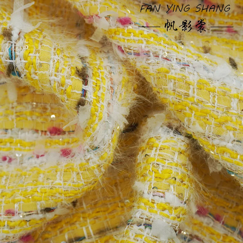 

Ярко-желтая ткань из шифона и твида с пайетками и бабочками для пальто, шитья и рукоделия, 2026