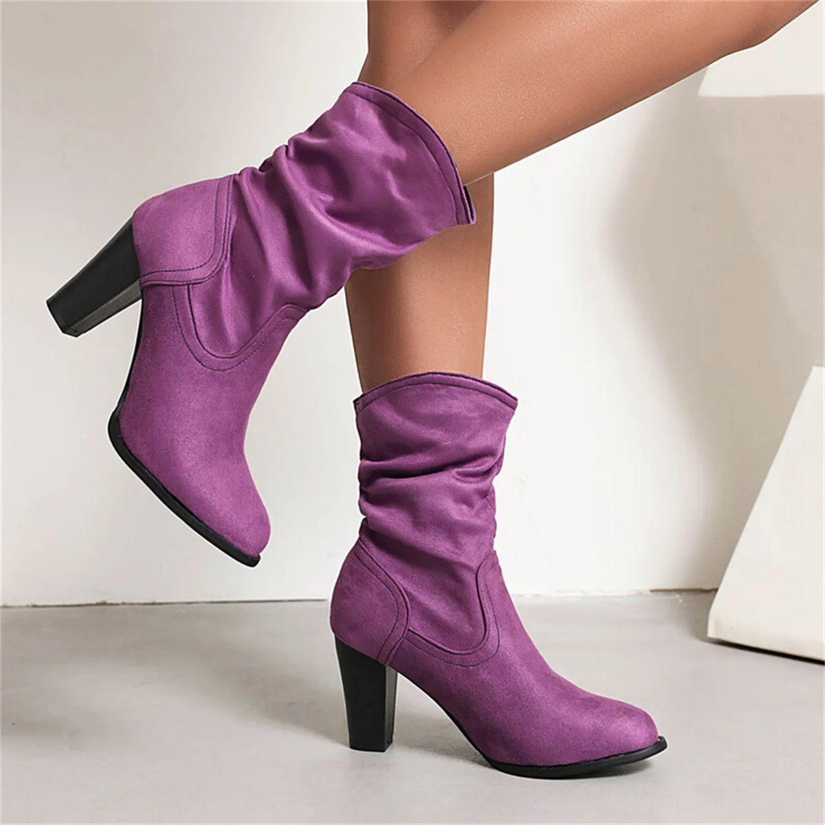 French Style Shoes For Girls With Plush Tips Circular Ring  Thick Metal Buckles Keep Warm Short Boots 8cm High Heel Shoes Boots