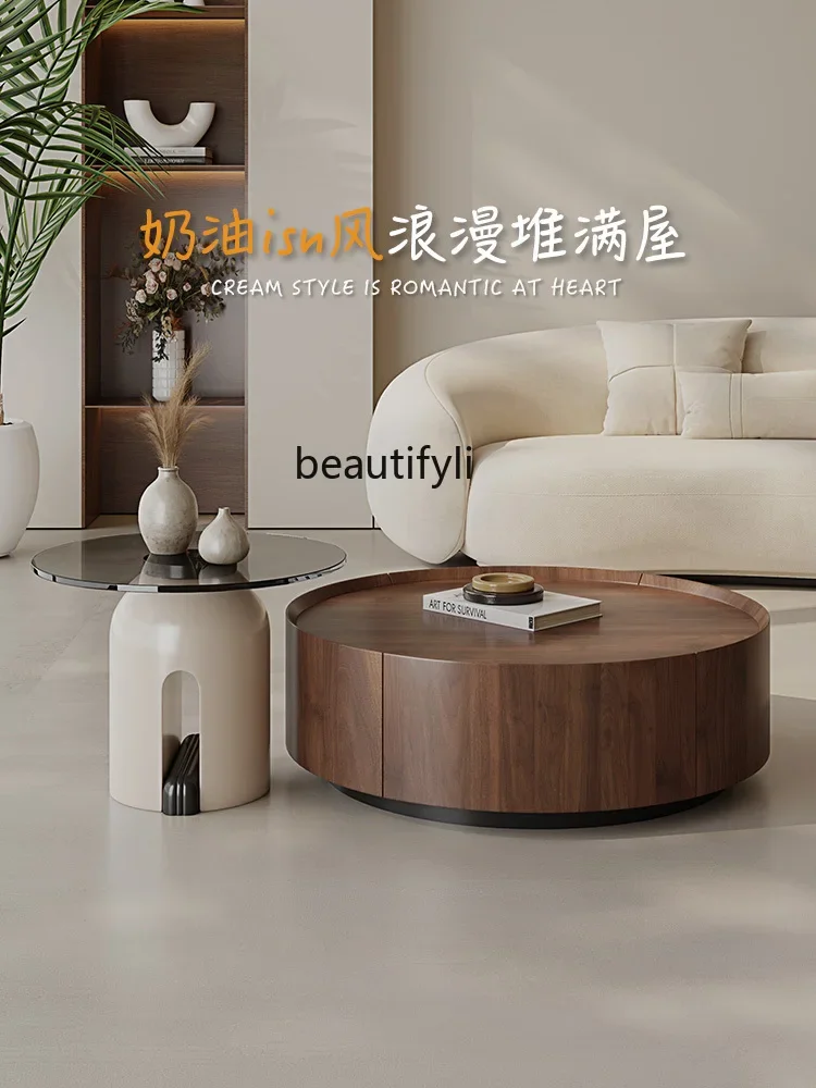 Italian Walnut round Tea Table Living Room Light Luxury High and Low Size round Coffee Table