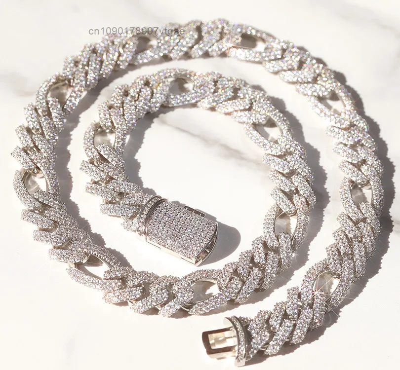 Bling Custom Moissanite Sterling Silver Cuban Chain with Ice Diamond Cuban Link 13mm 2rows Gold Plated Hip Hop Necklace.