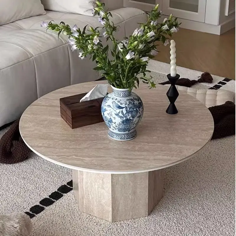 

Living room Nordic home wabi wind coffee table round designer French small apartment travertine rock slab table