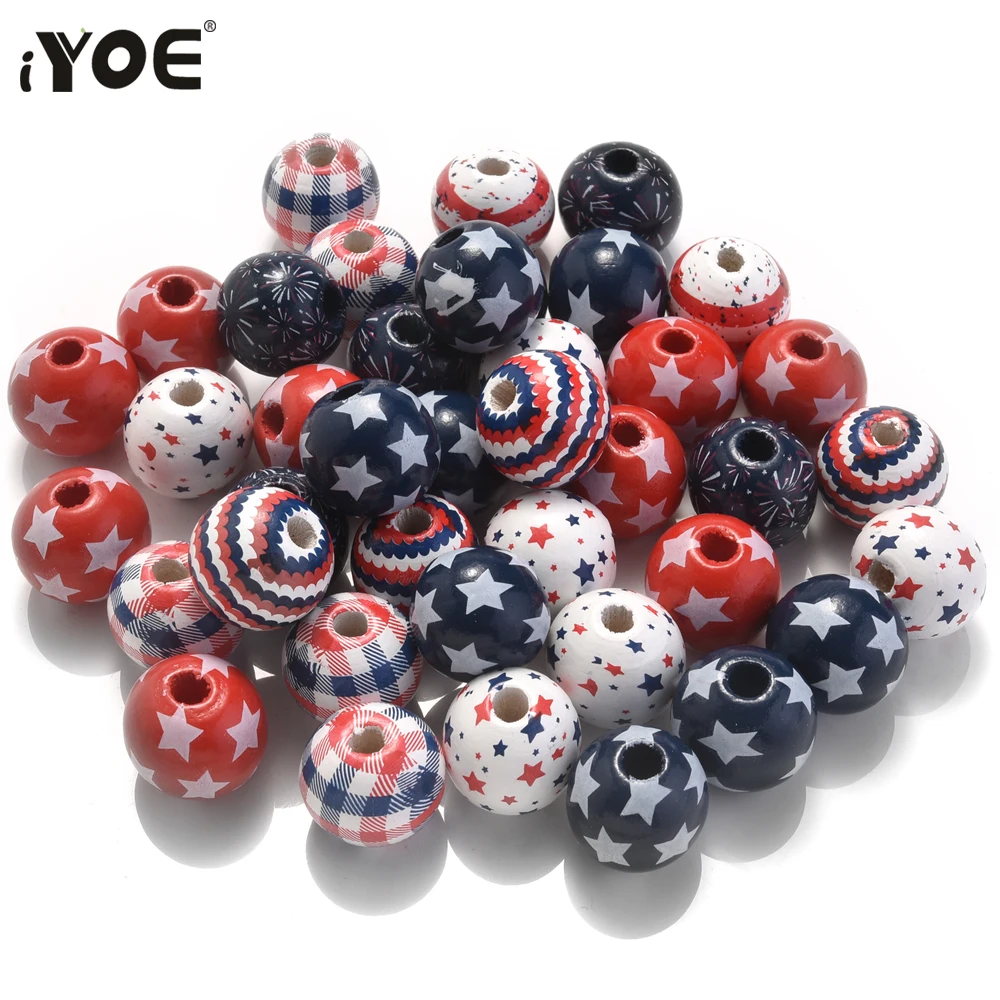 iYOE 10pcs 16mm Printing Stripe Star Wood Beads Natural Wooden Spacer Beads For Jewelry Making Bracelet Necklace DIY Craft Decor