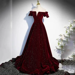 Lily Burgundy Velvet Charming Prom Dress Gown Off the Shoulder Formal Gown A Line Glitter Shiny Evening Gown vestidos de noche