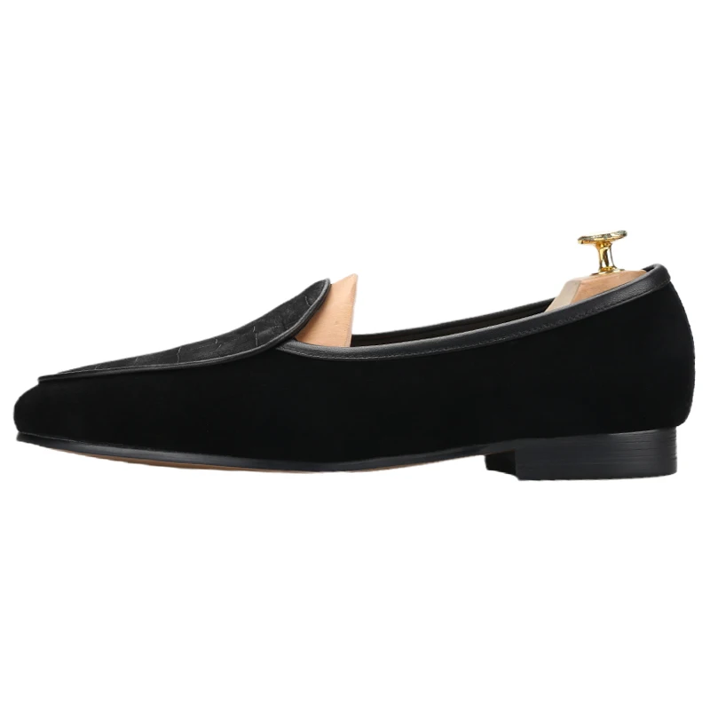 Piergitar Classic Crocodile Patterned Matte Leather Patchwork Black Suede Slip-On Belgian Loafers Handmade Men's Smoking Shoes