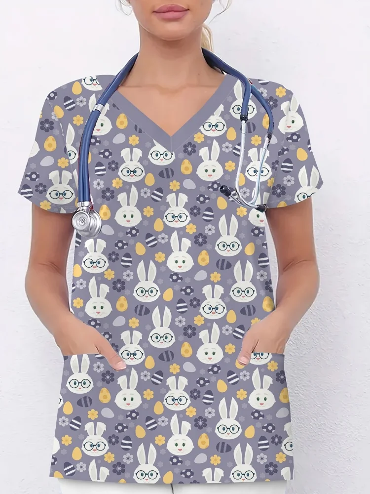 Easter Scrubs Uniform Woman Fashion Bunny Print V-Neck Vet Clinical Uniform Summer Short Sleeve with Pocket Nurse Uniform Woman