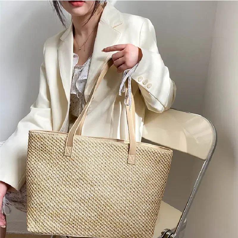 2024 Summer Beach Straw Women\'s Bag Large Capacity Shopper Tote Women Pure Color Shoulder Makeup Bag Casual Female Purse Handbag