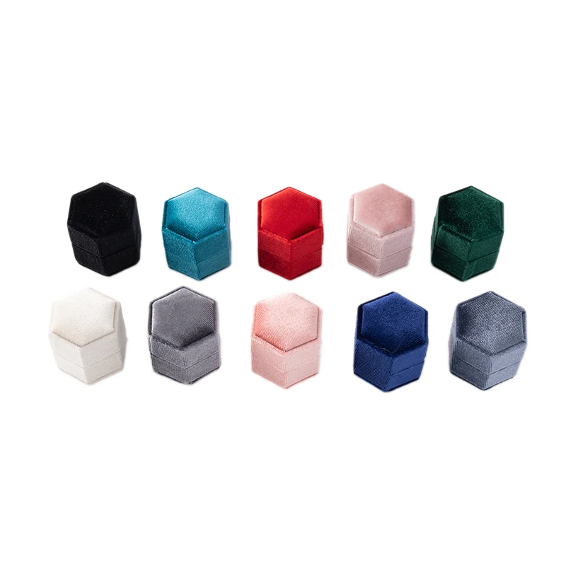 Vintage Hexagon Velvet Ring Box With Detachable Lid Jewelry Case Earring Organizer Storage Proposal Engagement Wedding Display