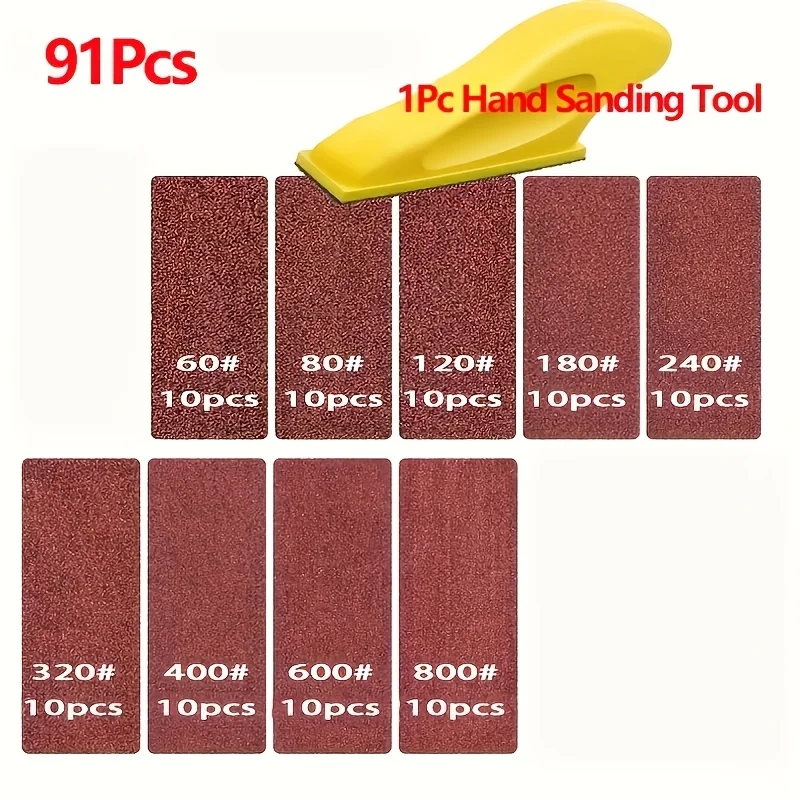 91 Pieces Mini Sand Block Set, 3.5 Inches X 1.0 Inches, Oxidized Dry Sandpaper, 60-800 Grit, Handheld Wooden and Metal It