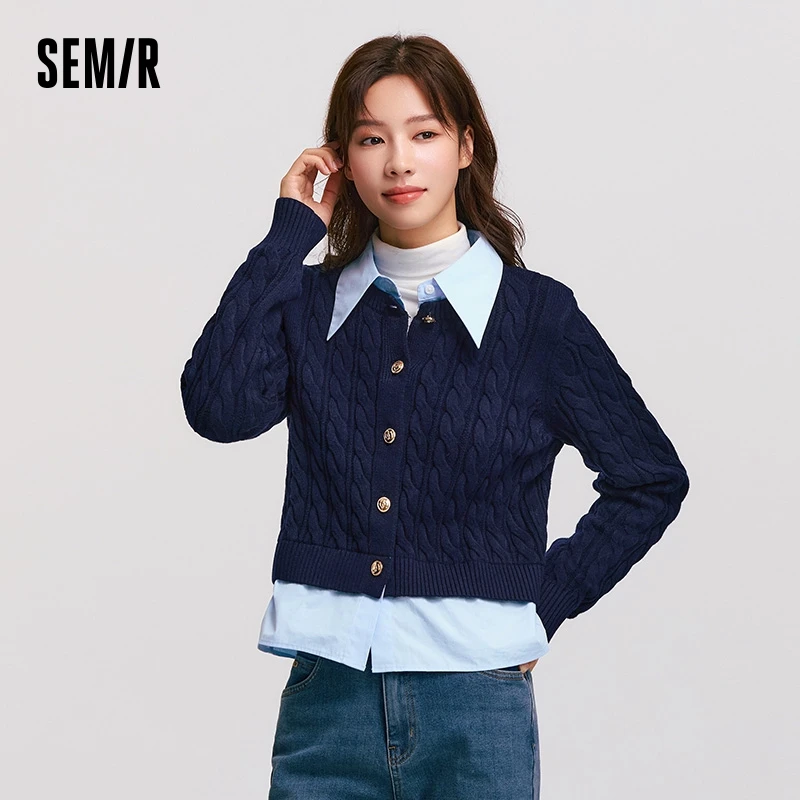 Semir Knitted Cardigan Women Contrasting Color Turn-Down Collar Cable Knit Sweater Literary Winter Fake Two-Piece Clothes