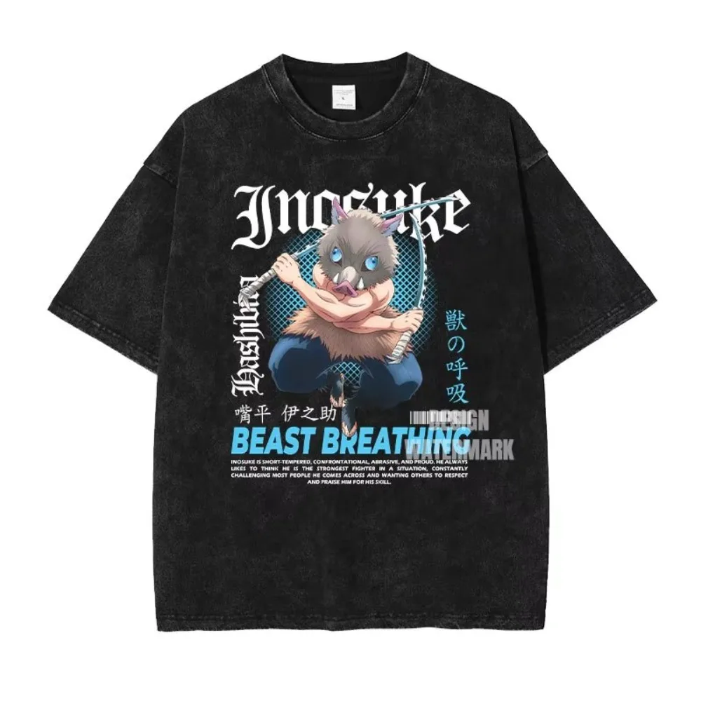 Demon Slayer Anime Oversized Washed T Shirt Unisex Vintage Gothic Graphic Print Short Sleeve Streetwear Summer Casual Fitness