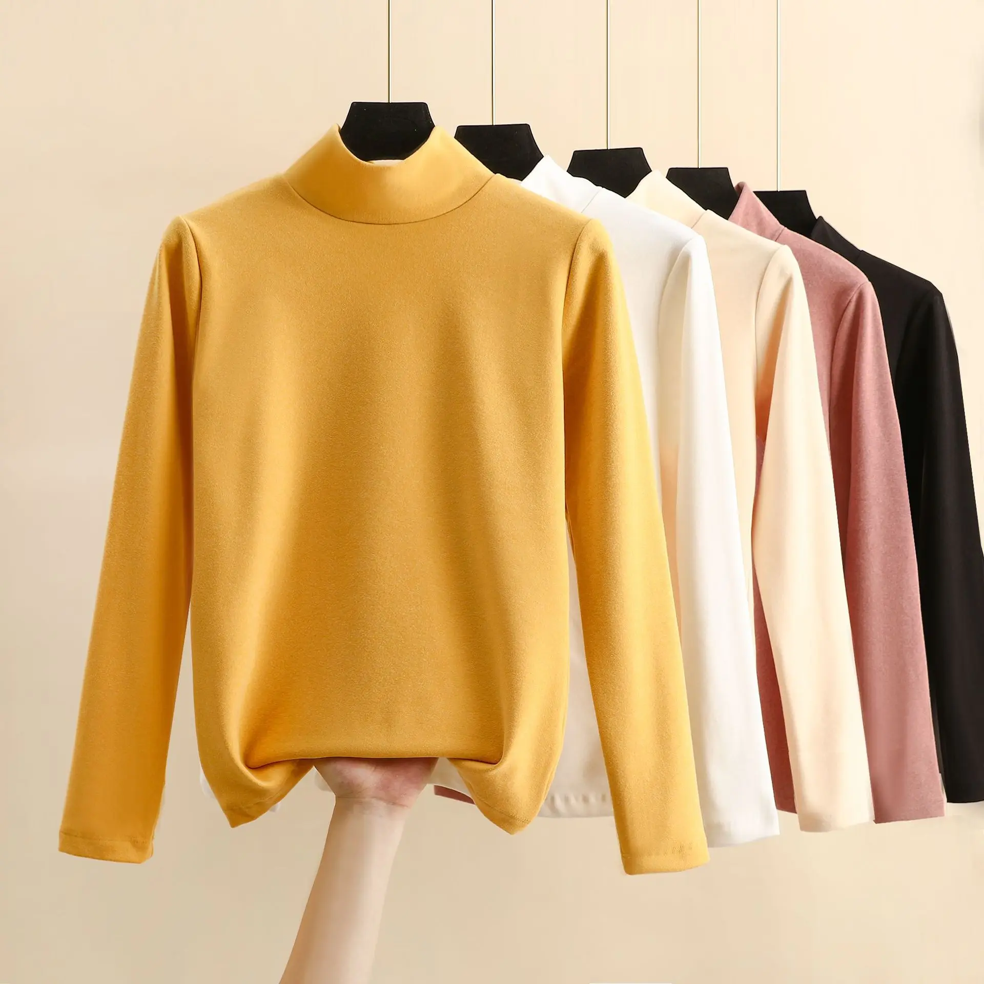 Dralon Thick Fleece bottoming Tshirts Long sleeves Autumn Winter TurtleNeck Thermal T-shirt Slim Fit Warm Tee Tops solid color