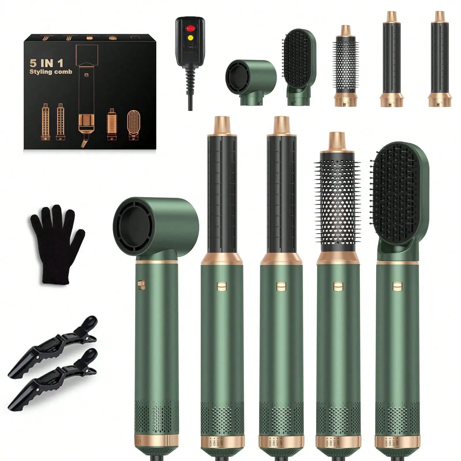 

UKLISS 5-in-1 Green and Gold Air Styler: Perfect Valentine's Day Gift, 800W Power, for Curling Straightening, and Blow-drying