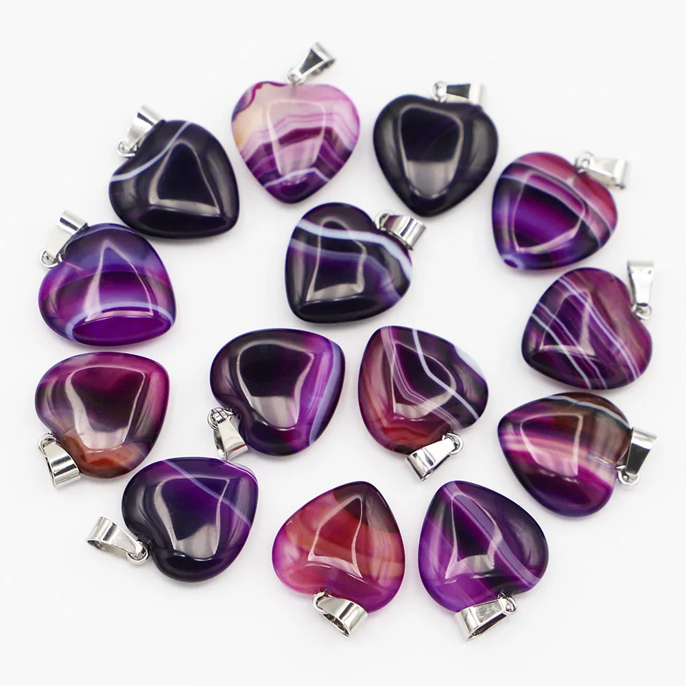

24pcs 20MM Fashion Hot Sell Natural Stone Purple Agate Heart necklace for women Pendants Charms DIY Jewelry Making