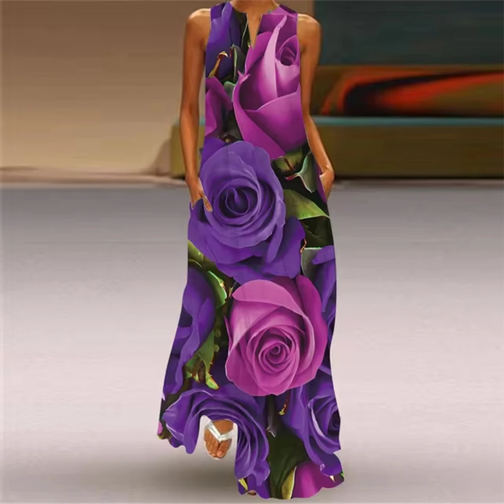 

Summer New Women's Clothing Personalized Sleeveless V-Neck Long Dress Vest Fashionable Flower Print Sexy Maxi Dress With Pockets