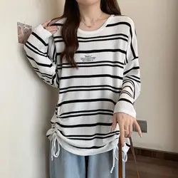 Spring 2024 New Drawstring Striped Women's Spliced Pullover O-Neck Fashion Loose Minimalist Casual Versatile Long Sleeved Tops