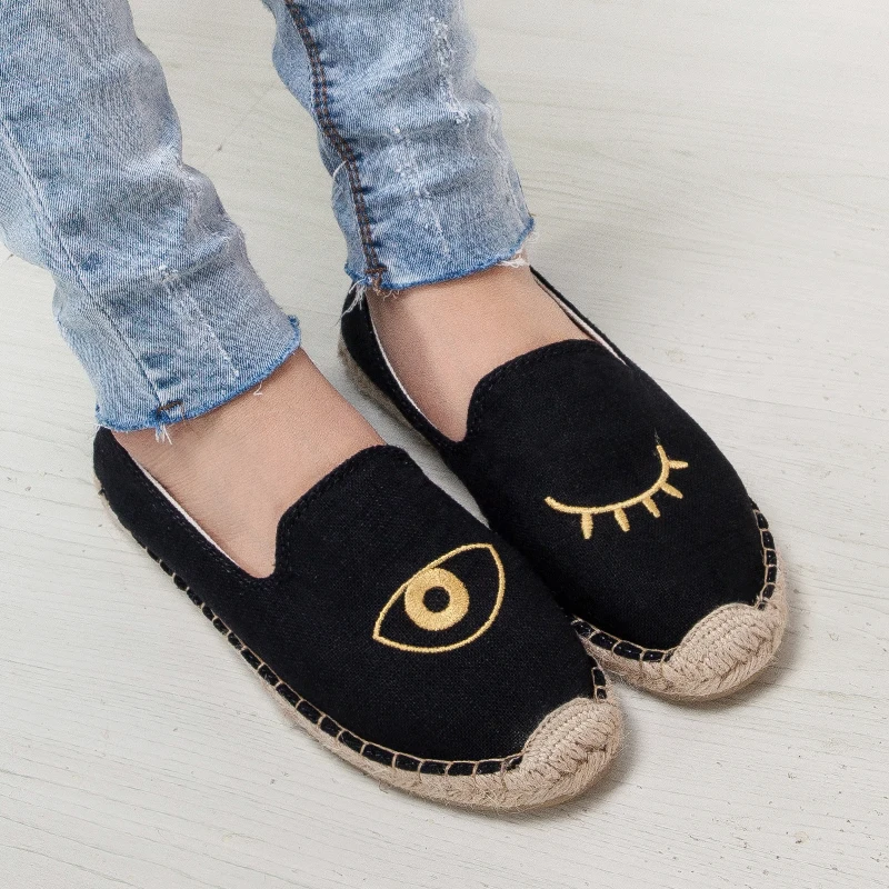 Espadrilles Eyes Flats Women Loafers 2022 Spring Breathable Canvas Flat Moccasins Casual Round Toe Boat Shoes Mary Janes Shoe