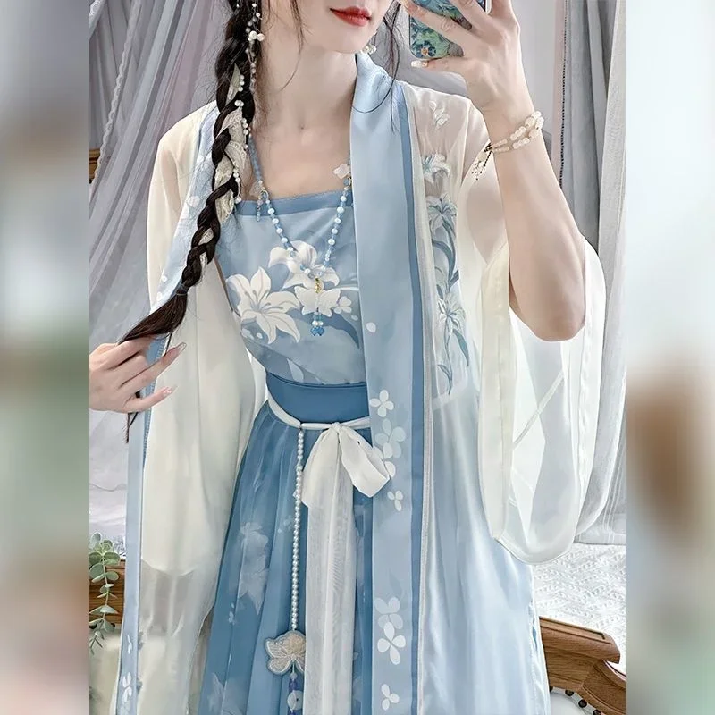 2024 Hanfu Dress Women Chinese Traditional Printed Hanfu Student Halloween Cosplay Costume Hanfu Blue 3pcs Sets