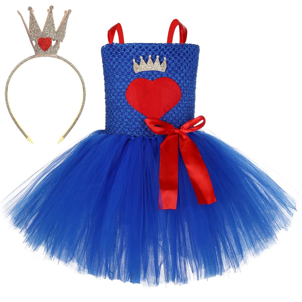 Royalblue Descendants Evie Princess Dresses for Girls Christmas Halloween Costumes for Kids Red Heart Queen Tutus with Crown Bow