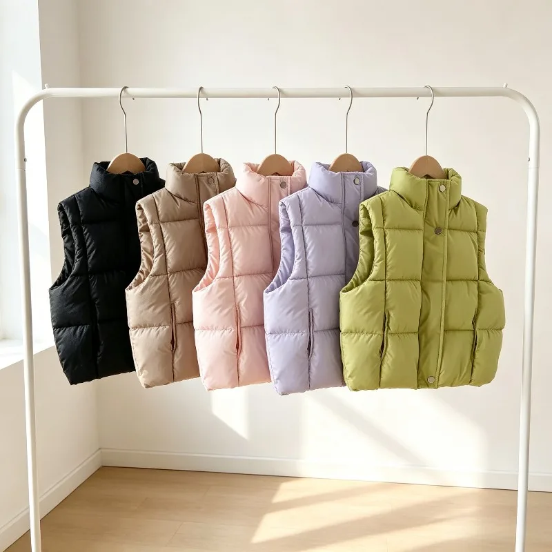 Kids Snap Button Padded Vest Stand Collar Sleeveless Jacket Pockets Boys Girls Cute Fall Winter Layering Piece for Daily School
