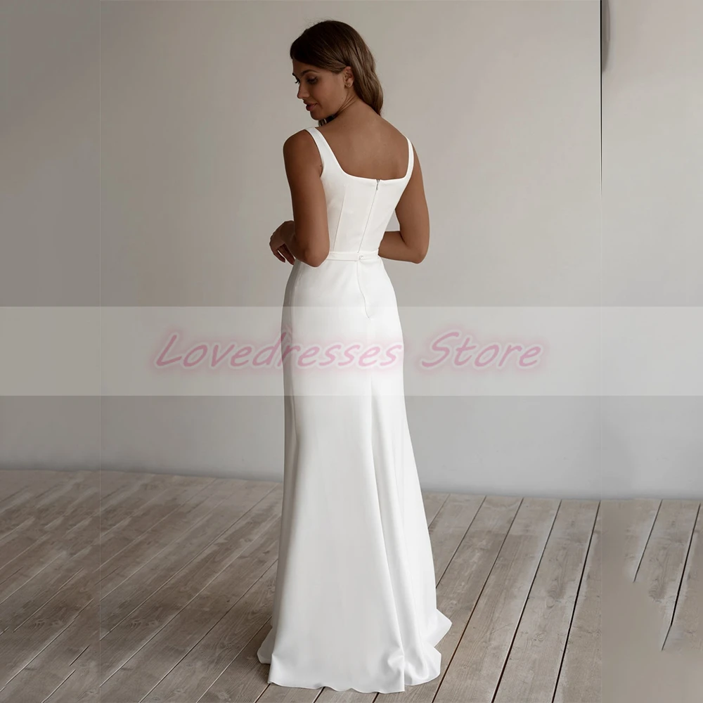 

Customized Spaghetti Strap Square Collar Wedding Dresses for Guest Sleeveless Sheath Floor-Length White with Jersey Bridal Gowns