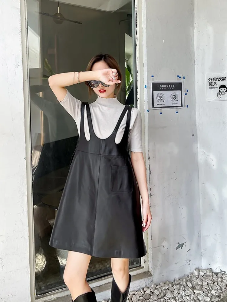 Robe en cuir véritable pour femmes, ajourée, en peau de mouton, taille haute, coupe ample, décontractée, débardeur, pull sans manches, robe courte trapèze