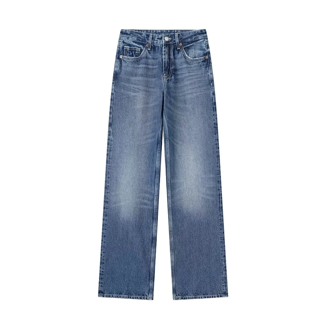 

ZBZA New TRF Women's Faion Design Mid-Waist Straight Leg Wide Leg Jeans 604529 405 l Waist All Seasons Long Pants