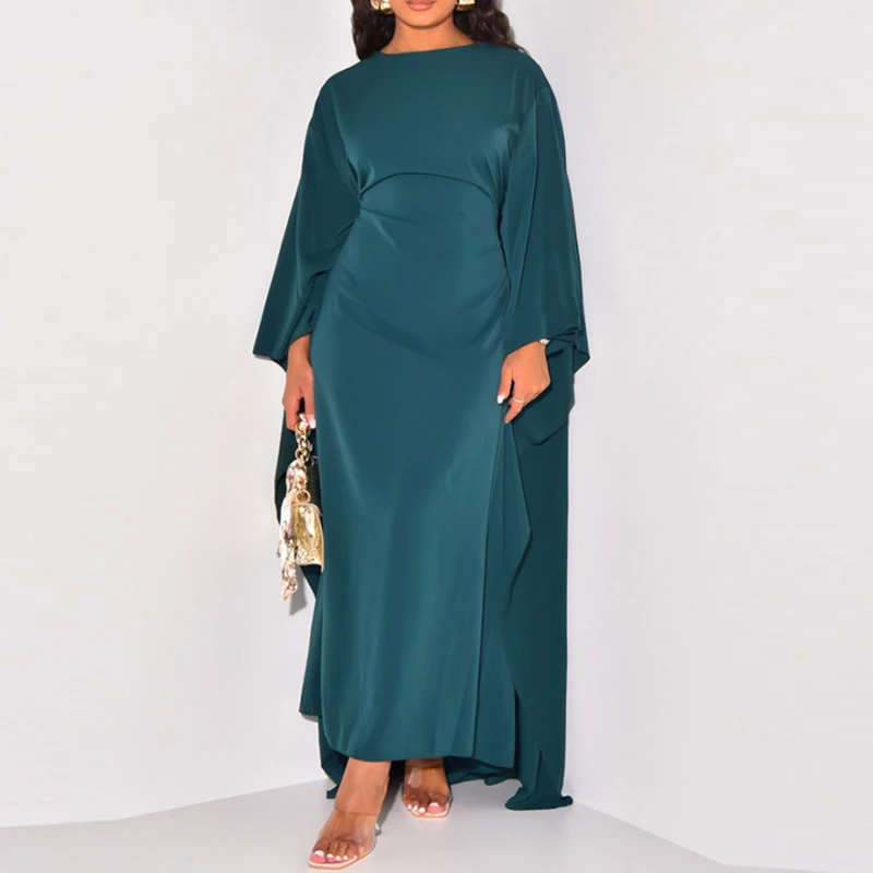 Autumn Casual O-neck Loose Satin Robe Dress Elegant Hight Waist Solid Color Long Dress Spring Fashion Batwing Sleeve Party Dress