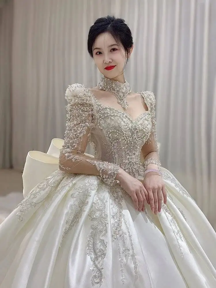 Satin Wedding Dress New Bride Long Sleeve Heavy Duty Luxury White Wedding Gown Main Yarn Pregnant Women\'s Square Neck Slim Tail