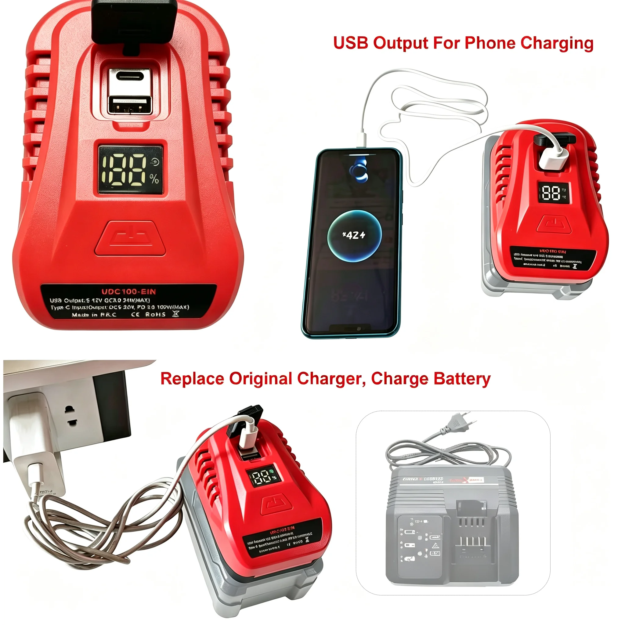 For Einhell For Ozito 18V Lithium Battery Case PXBAT52 PXBP-600 4511437 USB TypeC Power Bank Adapter Converter 100W Fast Charger