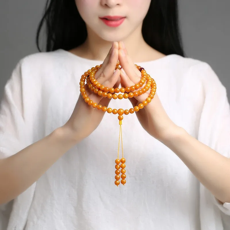 Myanmar multi-loop 108-bead necklace for men and women, second-generation amber old beeswax Buddhist beads