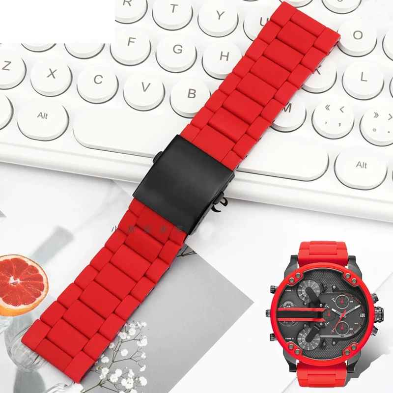 

Waterproof silicone bracelet watch band 28mm for Diesel DZ7396 DZ7370 DZ428 rubber and stainless steel watchband men watch strap