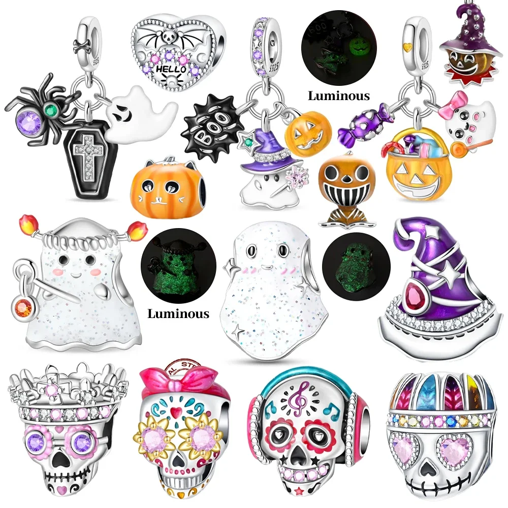 925 Sterling Silver Halloween Charms Luminous Skull Witch Ghost Pumpkin Candy Beads Fit Pandora Original Bracelets Party Jewelry