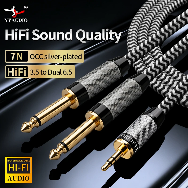 3,5-mm-auf-Doppel-6,5-mm-Adapter-Audiokabel, 7N OCC, versilbert, 6,35-mm-TRS-AUX-Kabel für Mischpult, Verstärker, Jack-Aux-Kabel