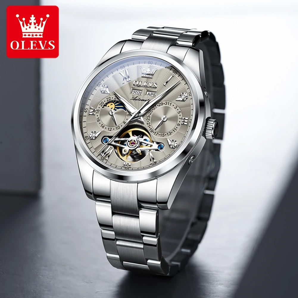 OLEVS 2024 Skeleton Flywheel Automatic Watches for Men High end Luxury Original Mechanical Men's Wristwatch Moon Phase Man Watch