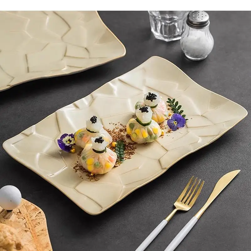 

Irregular Texture Ceramic Long Strip Plate Retro Sashimi Sushi Dim Sum Plates Molecular Food Tableware