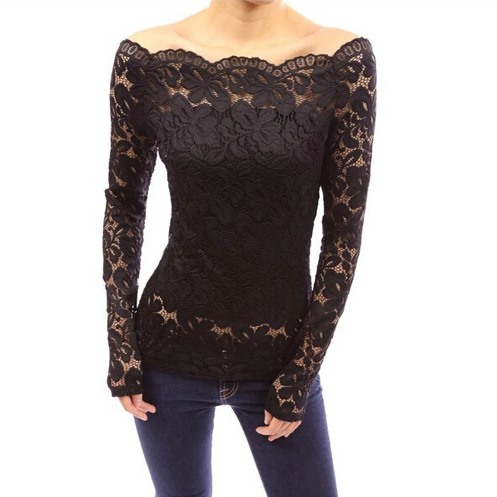 Womens Sexy OFF-Shoulder Hollowed Out Boat Neck Lace Long Sleeve Shirt Slimming Blouse Tops Tee Embroidered Female T-shirt