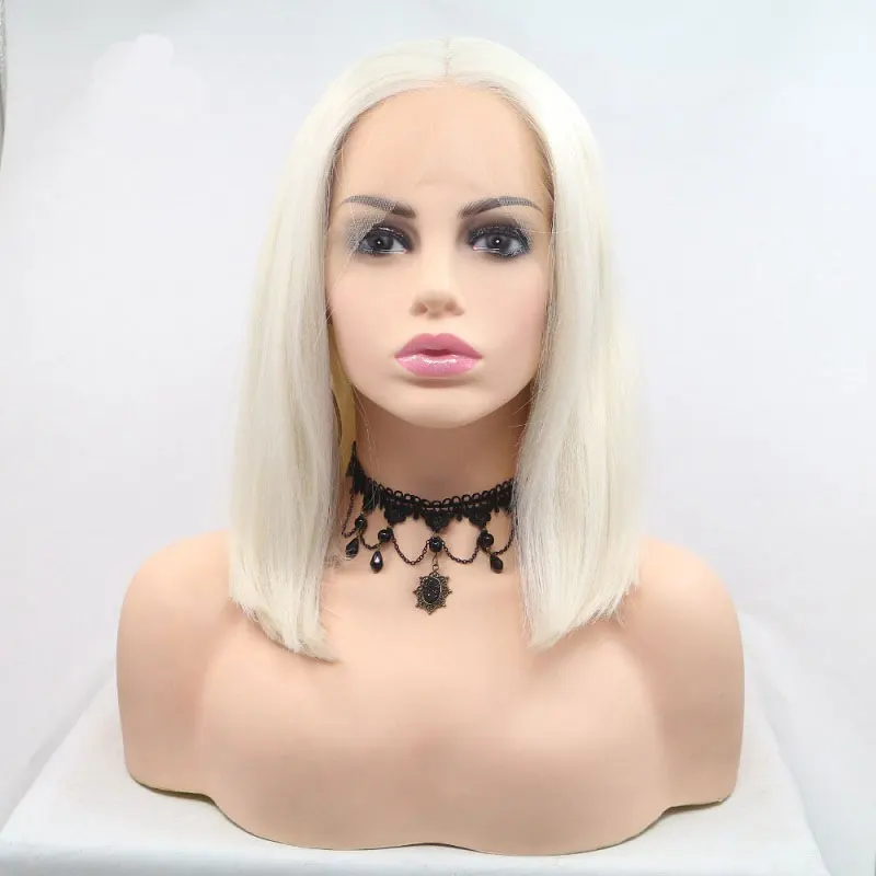 Bombshell White Color Short Straight Bob Synthetic Lace Front Wig Glueless High Quality Heat Resistant Fiber Hair For Women Wear