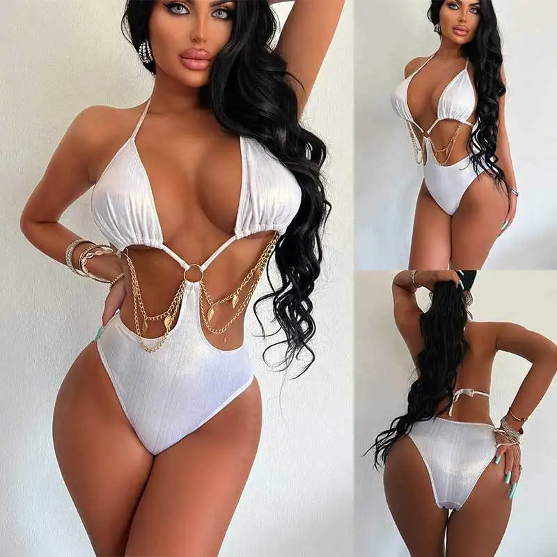 BKLD Swimsuit Woman 2023 Sexy Chain Hollow Out Bikini Open Back Halter Neck Lace-Up One Pieces Swimwear Bodysuit Tops White