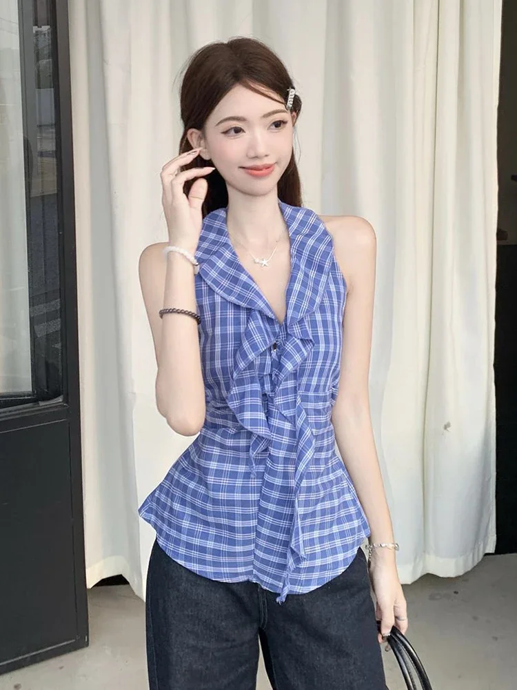 V Neck Ruffles Plaid Tanks Women Sexy Backless Bow Slim Vintage Tanks Tops Summer Korean Casual Halter Elegant Retro Tanks